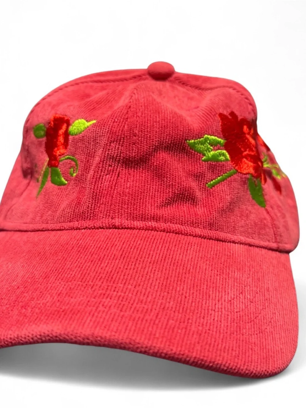 Red/PinkCorduroy Baseball Cap with Embroidered Rose